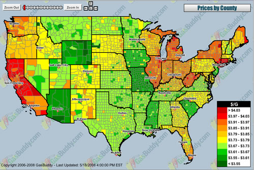 preços da gasolina, dólar por galão, por "county"