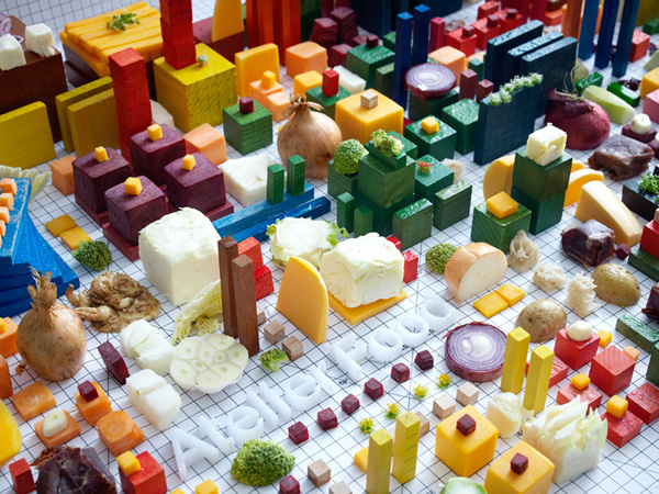 Cityscape art made out of food